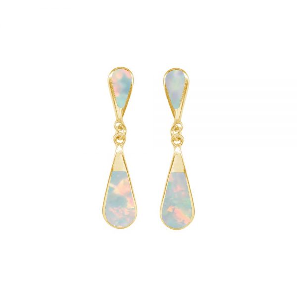 Yellow Gold Opalite Sun Ice Teardrop Double Drop Earrings