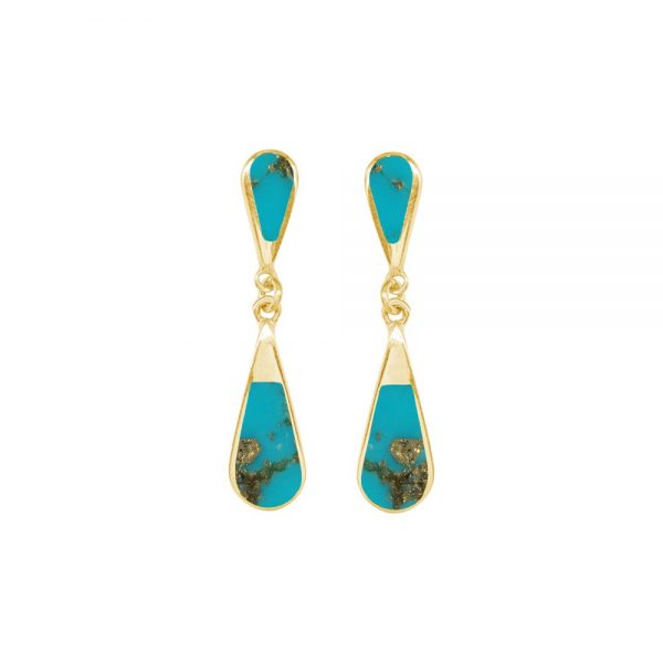 Yellow Gold Turquoise Teardrop Double Drop Earrings