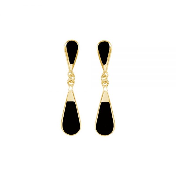 Yellow Gold Whitby Jet Teardrop Double Drop Earrings