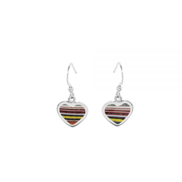 White Gold Fordite Heart Shaped Drop Earrings
