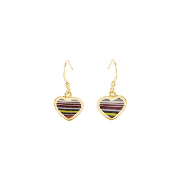 Yellow Gold Fordite Heart Shaped Drop Earrings