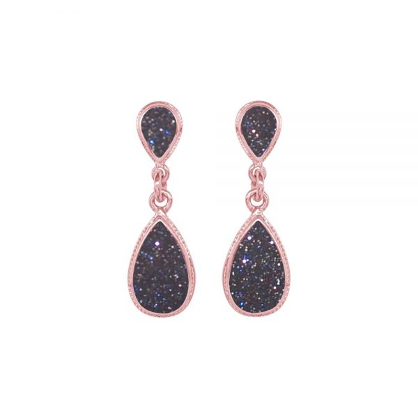 Rose Gold Blue Goldstone Double Drop Earrings