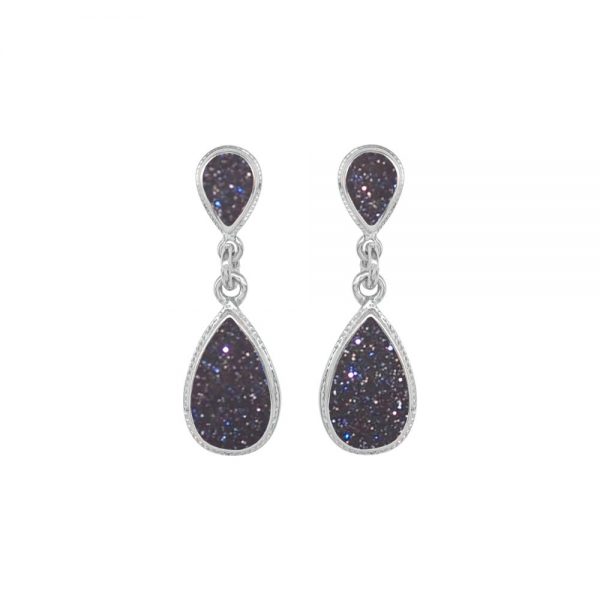 Silver Blue Goldstone Double Drop Earrings