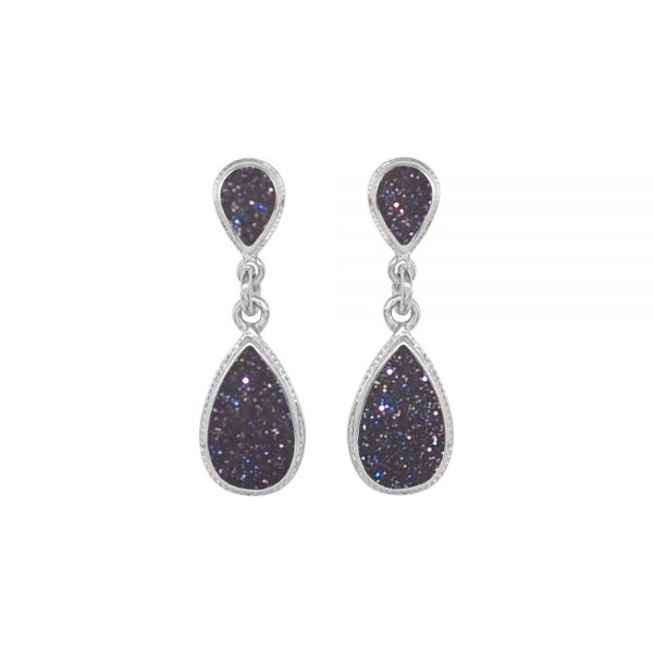 White Gold Blue Goldstone Teardrop Double Drop Earrings