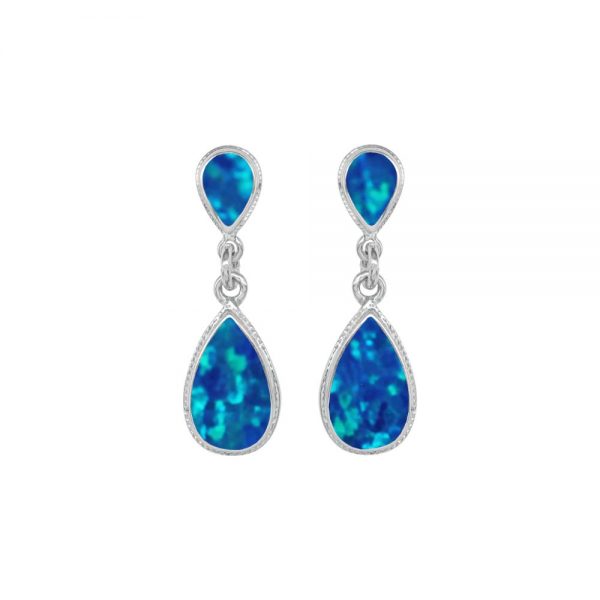 White Gold Opalite Cobalt Blue Teardrop Double Drop Earrings