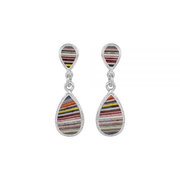 White Gold Fordite Teardrop Double Drop Earrings