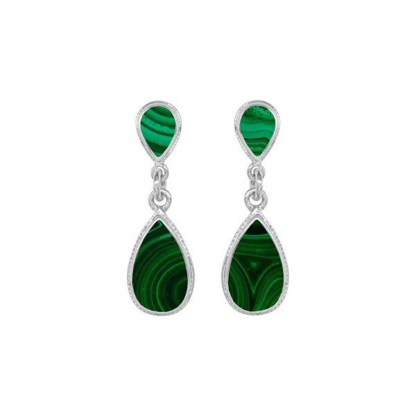 White Gold Malachite Teardrop Double Drop Earrings