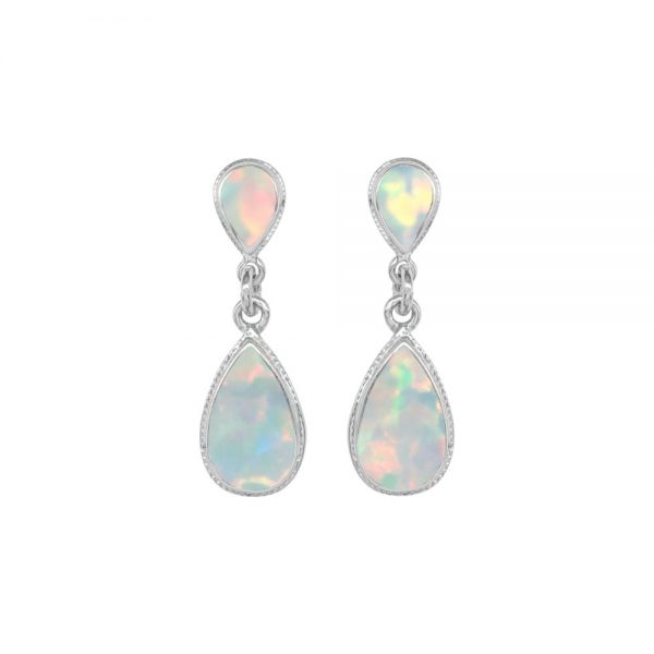 White Gold Opalite Sun Ice Teardrop Double Drop Earrings