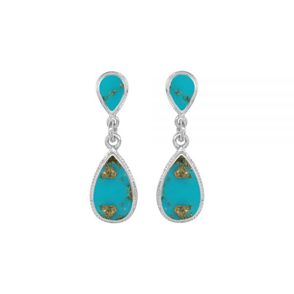 White Gold Turquoise Teardrop Double Drop Earrings