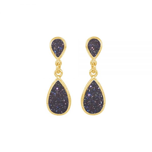 Yellow Gold Blue Goldstone Double Drop Earrings