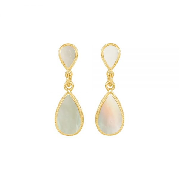 Yellow Gold Mother of Pearl Double Drop Earrings