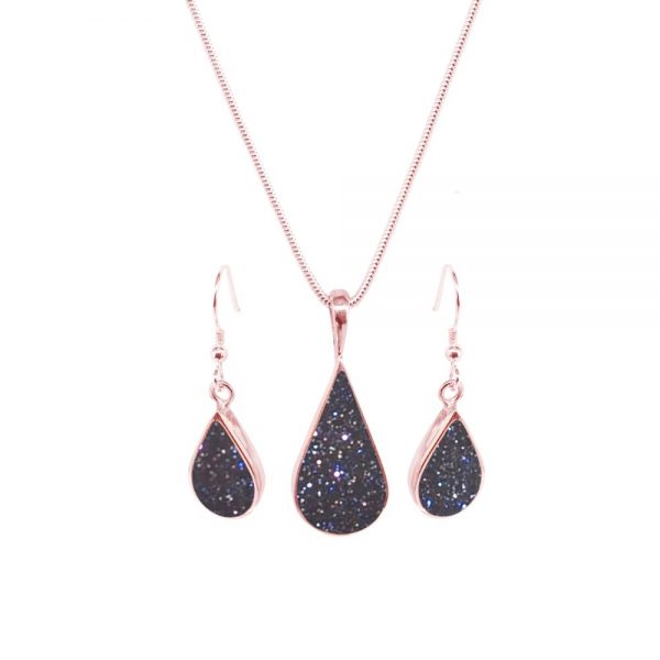 Rose Gold Blue Goldstone Pendant and Earring Set