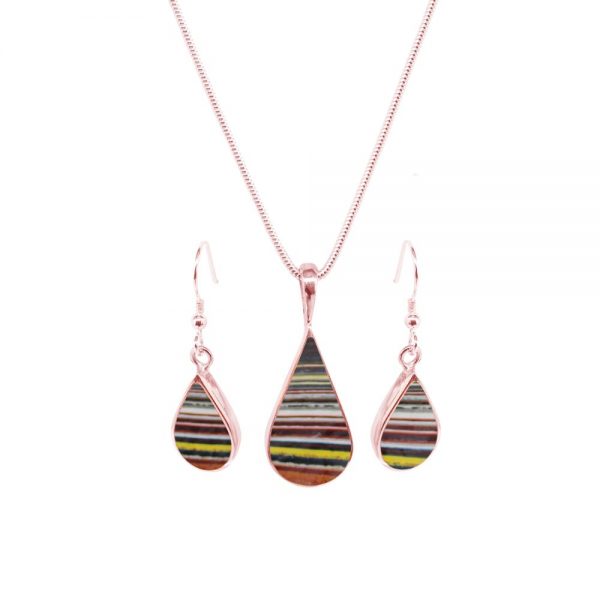 Rose Gold Fordite Pendant and Earring Set