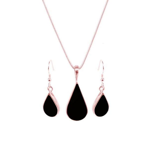 Rose Gold Whitby Jet Pendant and Earring Set