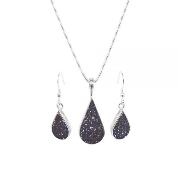 Silver Blue Goldstone Pendant and Earring Set