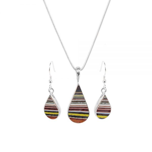 Silver Fordite Pendant and Earring Set