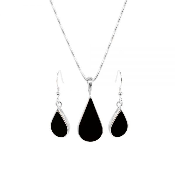 Silver Whitby Jet Pendant and Earring Set