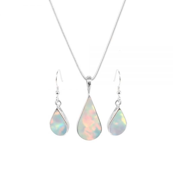 White Gold Opalite Sun Ice Pendant and Earring Set