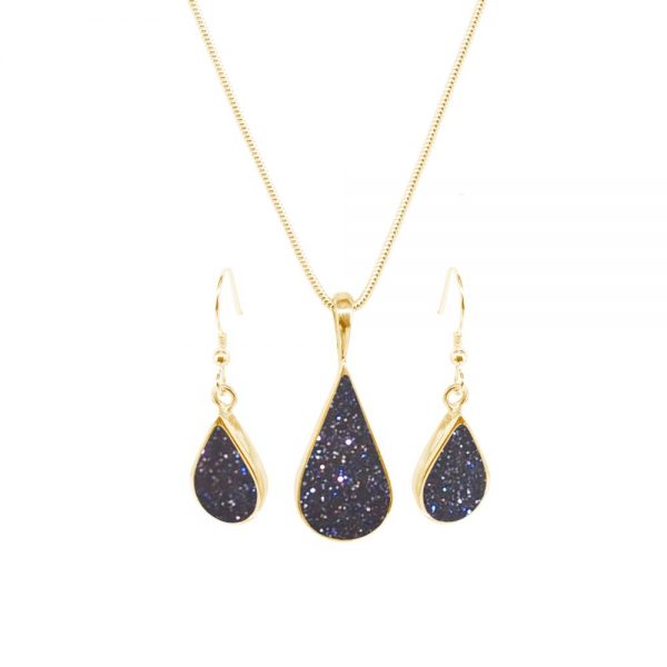 Yellow Gold Blue Goldstone Pendant and Earring Set