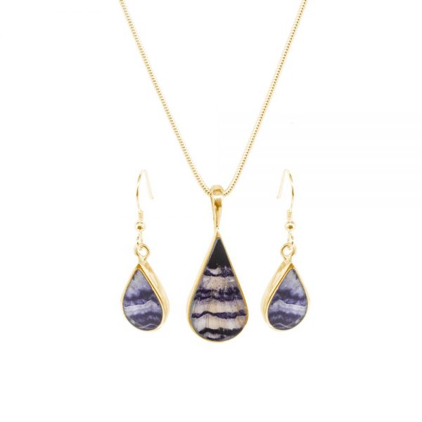 Yellow Gold Blue John Pendant and Earring Set