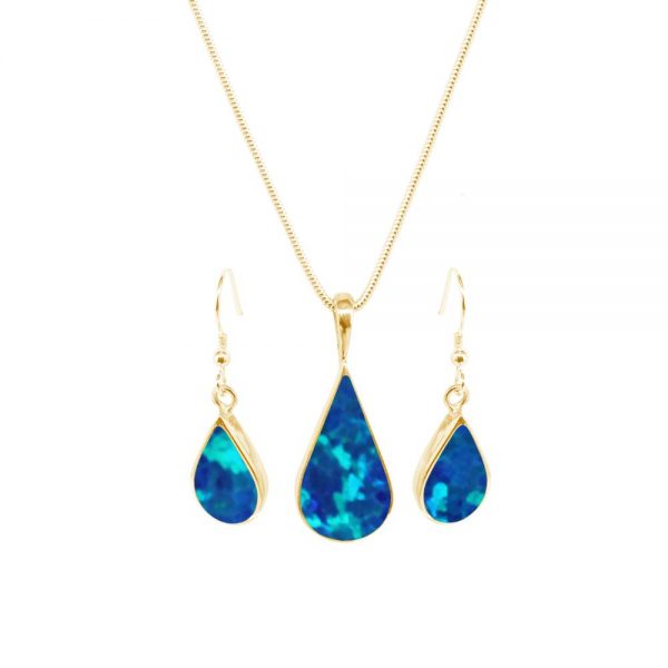 Yellow Gold Opalite Cobalt Blue Pendant and Earring Set