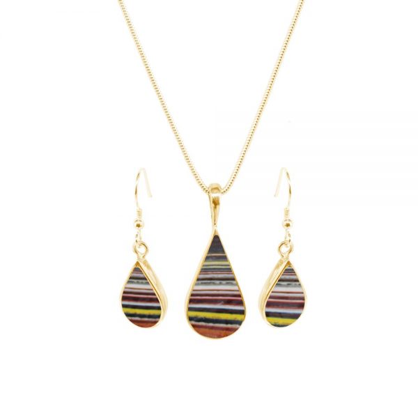 Yellow Gold Fordite Pendant and Earring Set