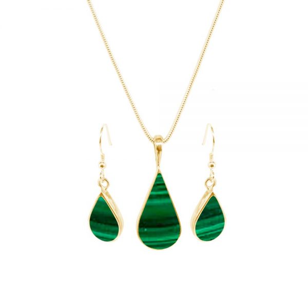 Yellow Gold Malachite Pendant and Earring Set