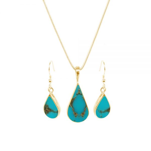 Yellow Gold Turquoise Pendant and Earring Set