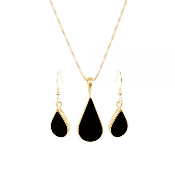 Yellow Gold Whitby Jet Pendant and Earring Set