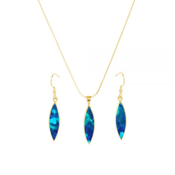 Yellow Gold Opalite Cobalt Blue Pendant and Earring Set