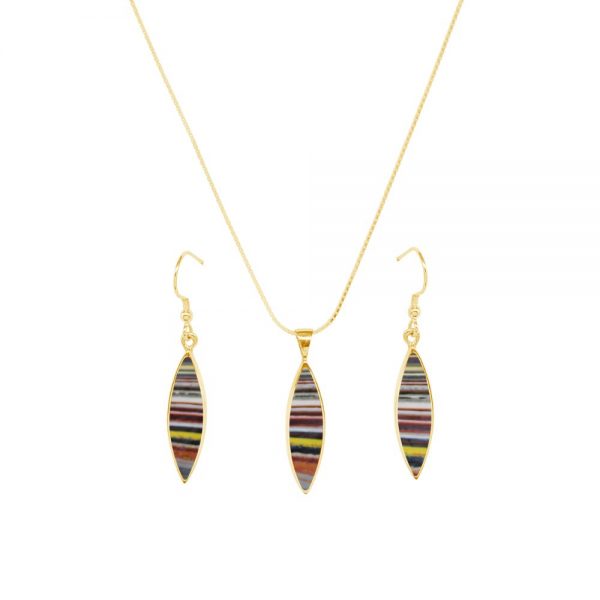 Yellow Gold Fordite Pendant and Earring Set