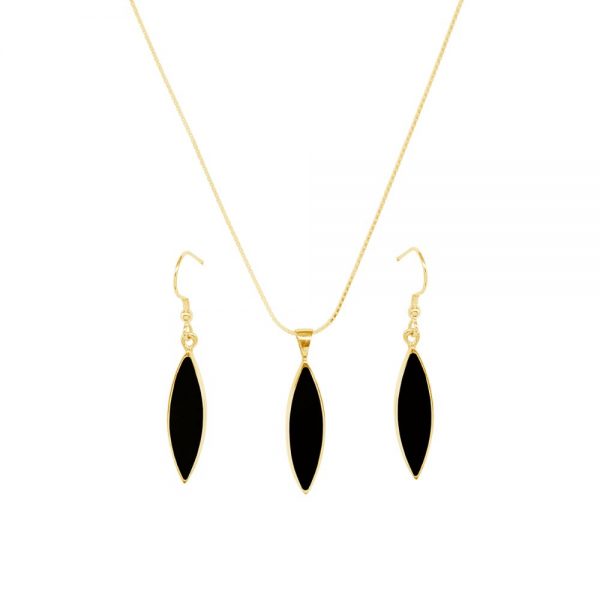 Yellow Gold Whitby Jet Pendant and Earring Set