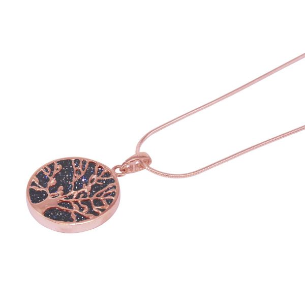 Rose Gold Blue Goldstone Round Double Sided Tree of Life Pendant