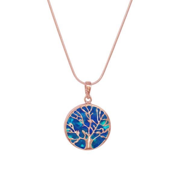 Rose Gold Opalite Cobalt Blue Round Double Sided Tree of Life Pendant