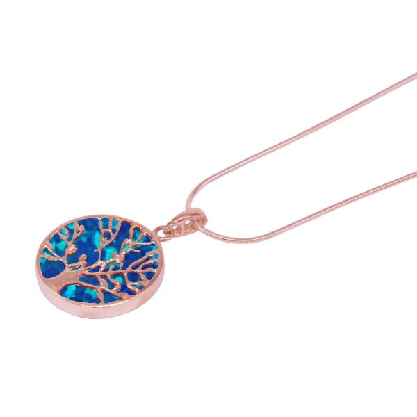 Rose Gold Opalite Cobalt Blue Round Double Sided Tree of Life Pendant