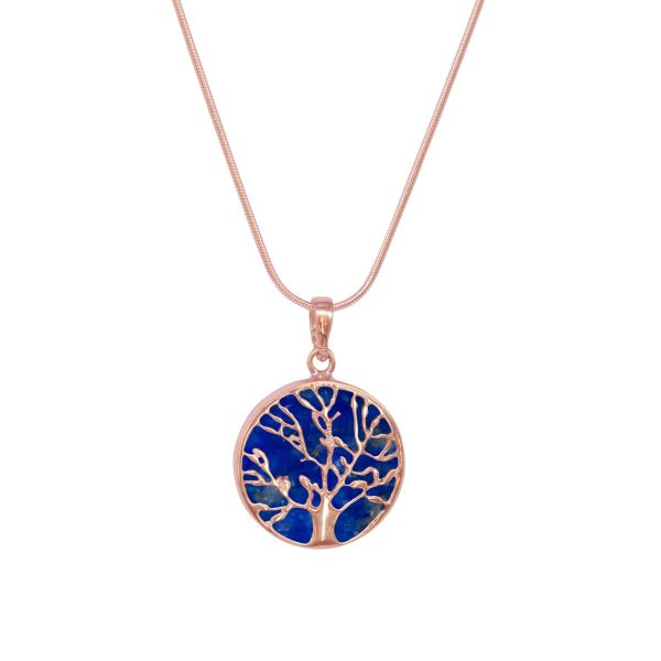 Rose Gold Lapis Round Double Sided Tree of Life Pendant