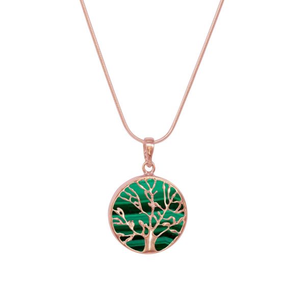 Rose Gold Malachite Round Double Sided Tree of Life Pendant