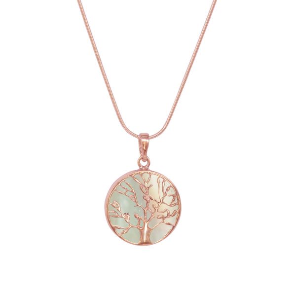 Rose Gold Mother of Pearl Round Double Sided Tree of Life Pendant