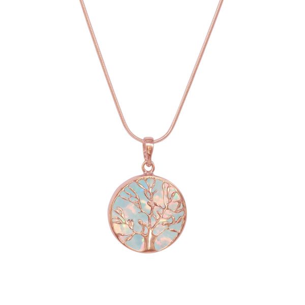 Rose Gold Opalite Sun Ice Round Double Sided Tree of Life Pendant