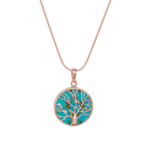 Rose Gold Turquoise Round Double Sided Tree of Life Pendant
