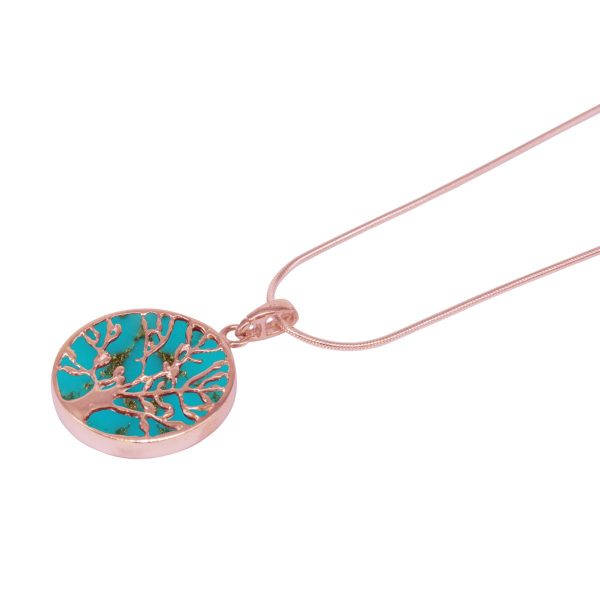 Rose Gold Turquoise Round Double Sided Tree of Life Pendant