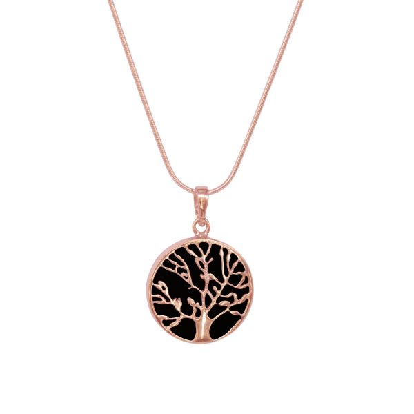Rose Gold Whitby Jet Round Double Sided Tree of Life Pendant