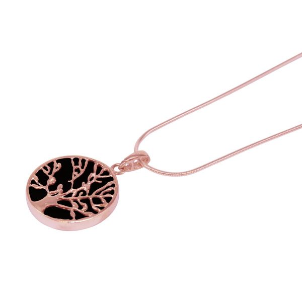 Rose Gold Whitby Jet Round Double Sided Tree of Life Pendant