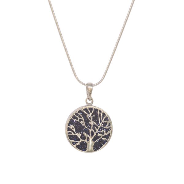 Silver Blue Goldstone Round Double Sided Tree of Life Pendant