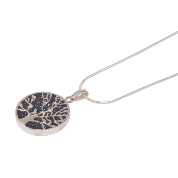 Silver Blue Goldstone Round Double Sided Tree of Life Pendant