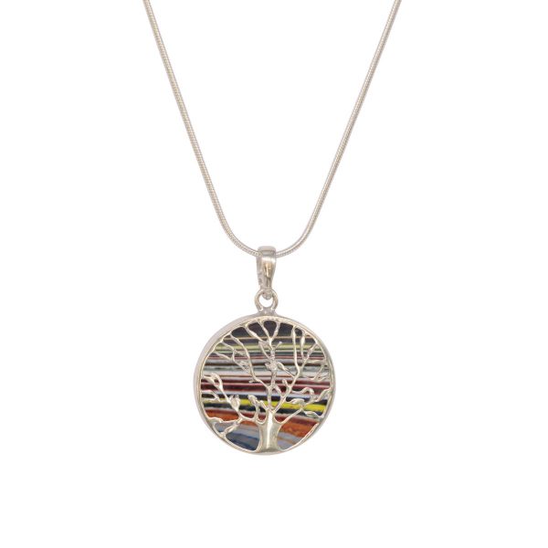 Silver Fordite Round Double Sided Tree of Life Pendant