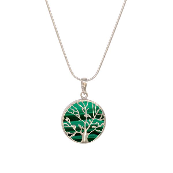 Silver Malachite Round Double Sided Tree of Life Pendant