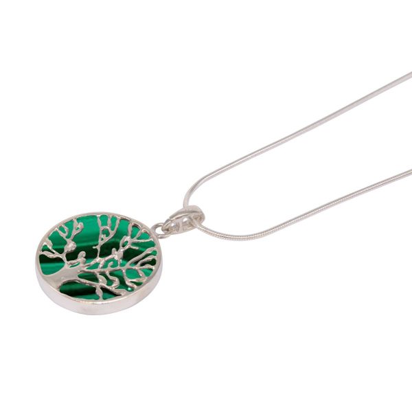 Silver Malachite Round Double Sided Tree of Life Pendant