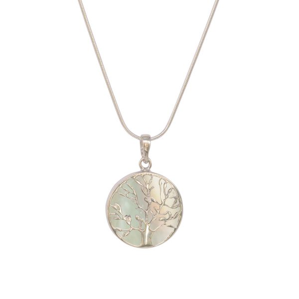 Silver Mother of Pearl Round Double Sided Tree of Life Pendant
