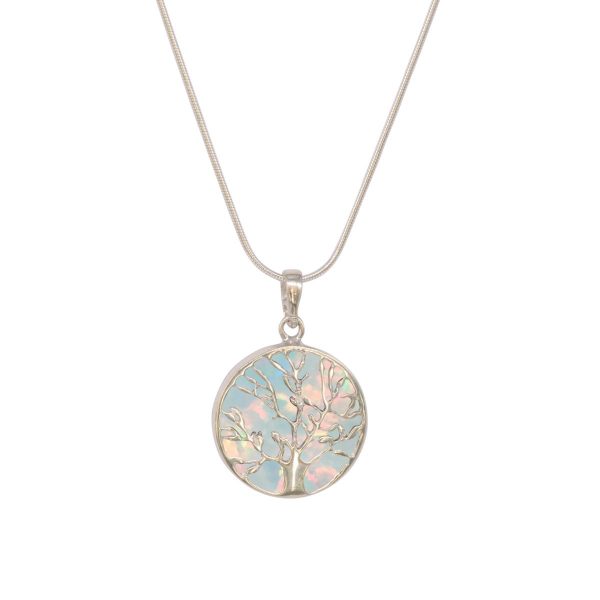 Silver Opalite Sun Ice Round Double Sided Tree of Life Pendant